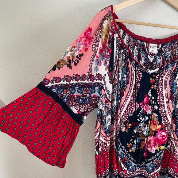 Bila Womens Plus XXL Multicolor Boho Tunic Top Floral Tassel Tie Shirt - Picture 9 of 11